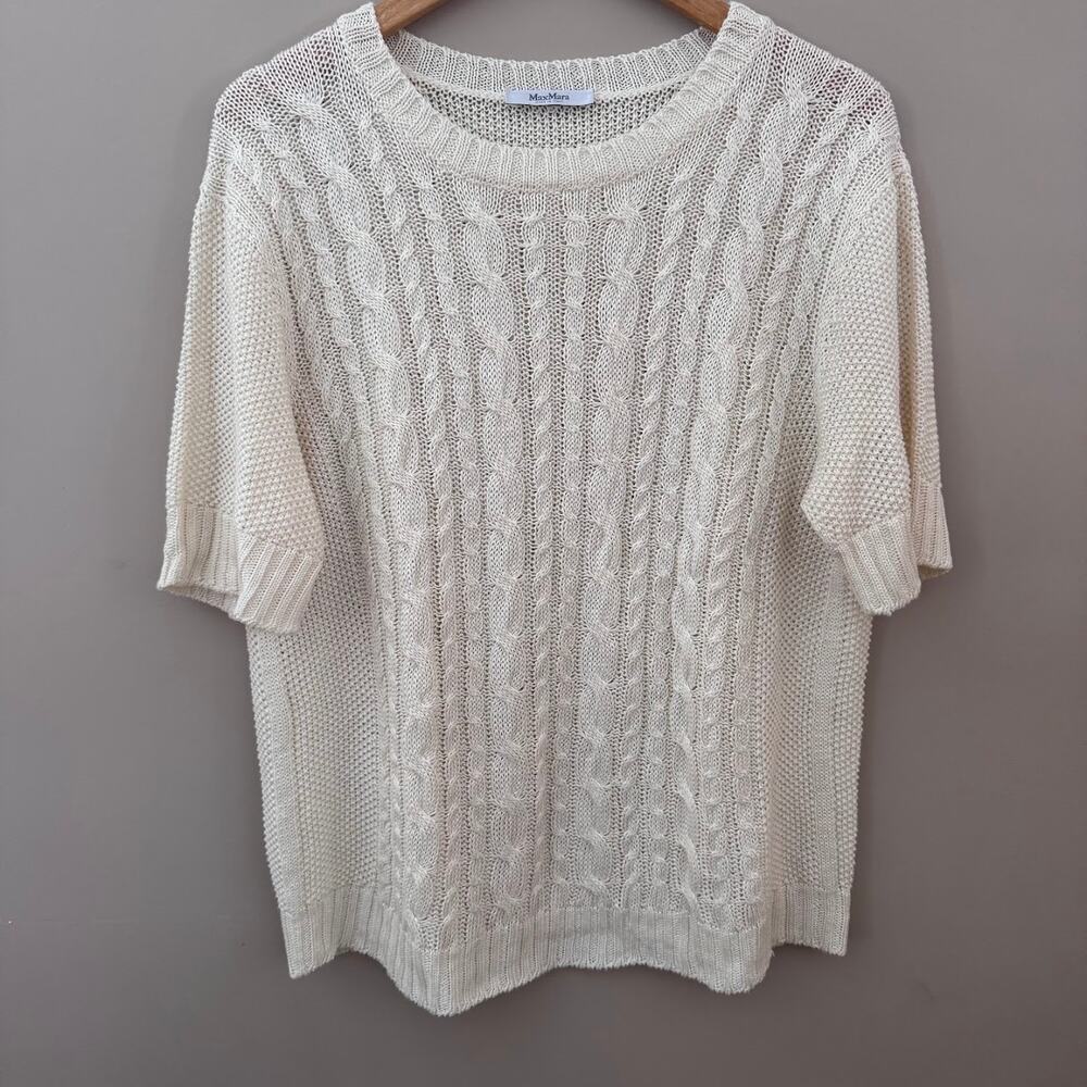 Max Mara Orosei Cable Flax Sweater Short Sleeve Cable Knit Cream $349 - Picture 6 of 7